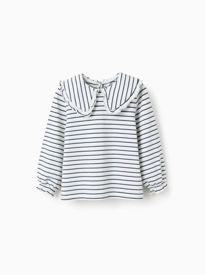 T-Shirt Rayé à Col Maxi et Froufrous Blanc - Kiabi