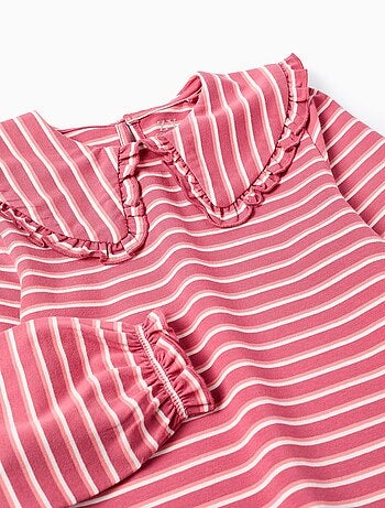 T-Shirt Rayé à Col Maxi et Froufrous