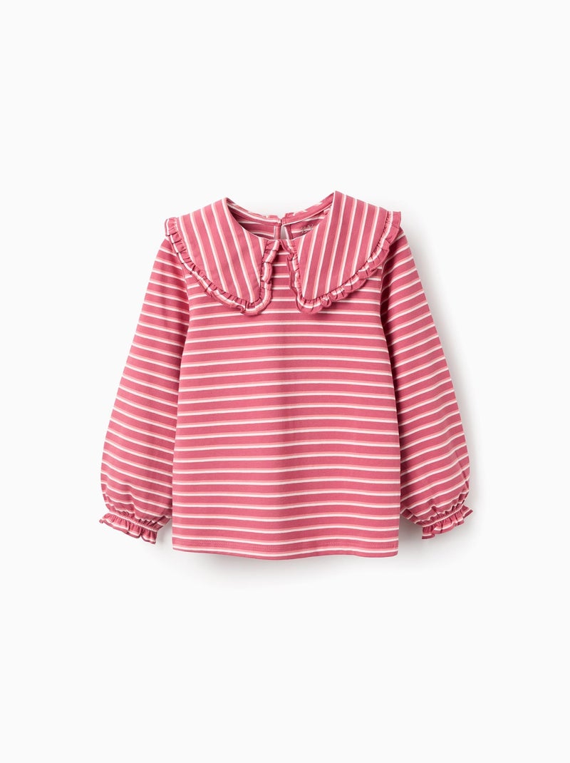 T-Shirt Rayé à Col Maxi et Froufrous Rose foncé - Kiabi