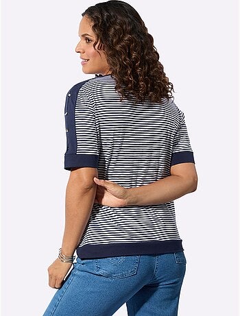T-shirt rayé à encolure arrondie avec manches courtes ornées de boutons - Taille standard - Witt