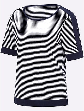 T-shirt rayé à encolure arrondie avec manches courtes ornées de boutons - Taille standard - Witt