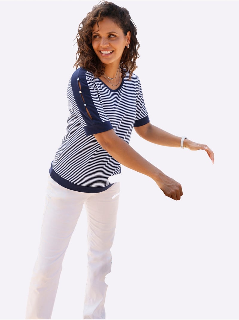 T-shirt rayé à encolure arrondie avec manches courtes ornées de boutons - Taille standard - Witt Blanc/Marine - Kiabi