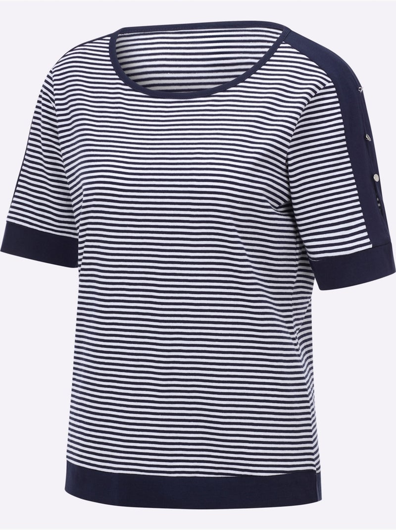 T-shirt rayé à encolure arrondie avec manches courtes ornées de boutons - Taille standard - Witt Blanc/Marine - Kiabi