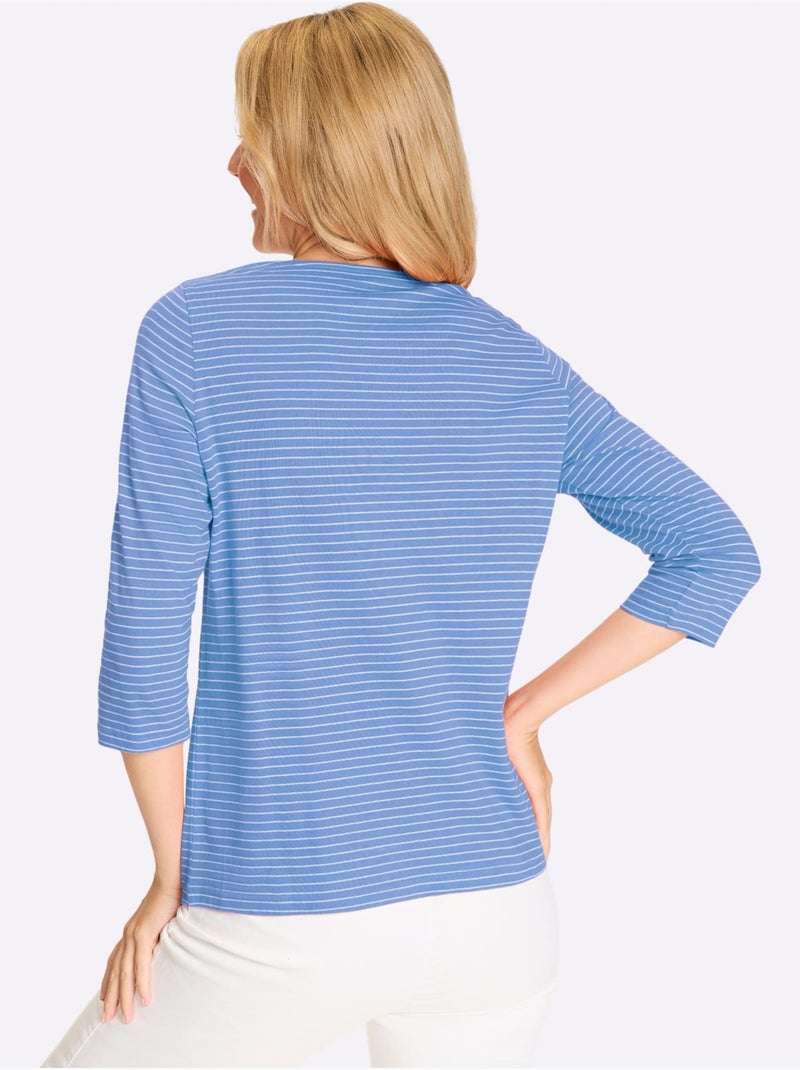 T-shirt rayé à manches 3/4 avec col en U et empiècements - Taille standard - Moda Vilona Bleu Ecru Bleu - Kiabi