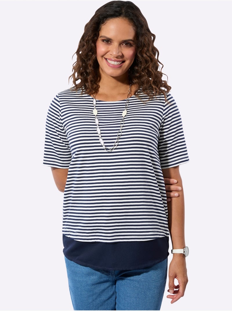 T-shirt Rayé Aspect 2 En 1 - Taille Standard - Witt Ecru/Marine - Kiabi