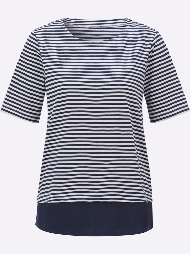 T-shirt Rayé Aspect 2 En 1 - Taille Standard - Witt Ecru/Marine - Kiabi