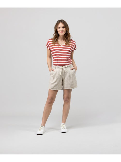 T-shirt rayé col V rouge Femme - Terre de Marins - Kiabi
