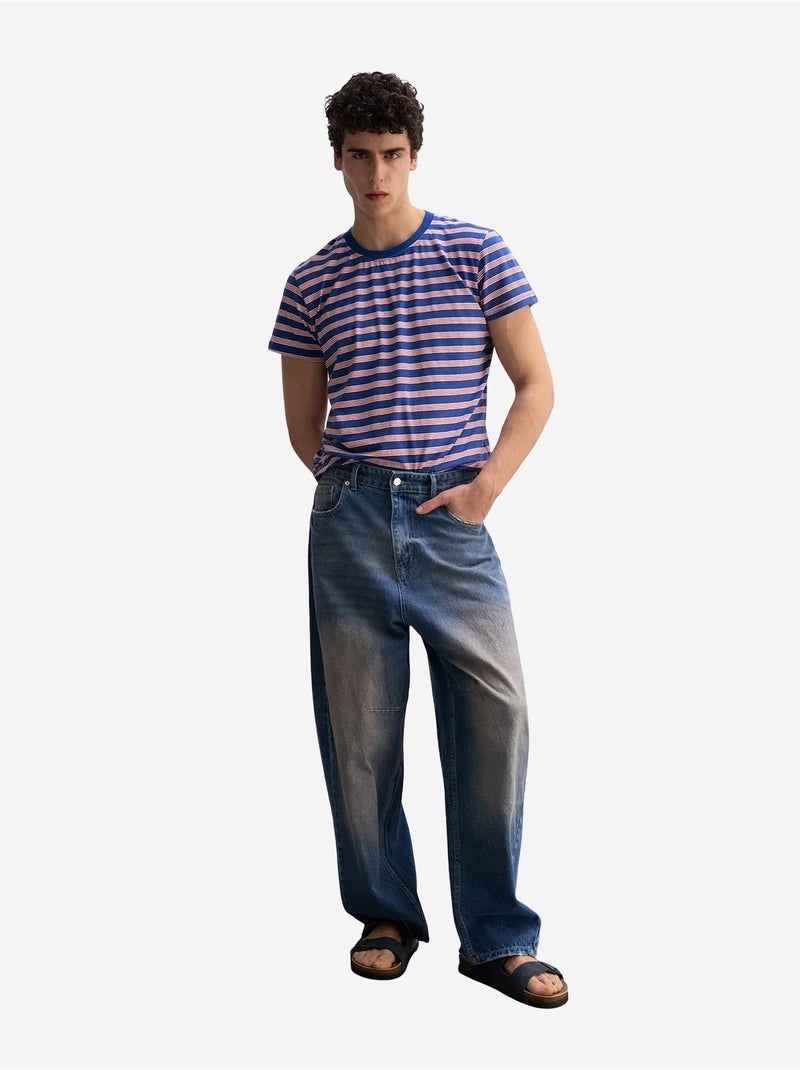 T-shirt rayé côtelé à col rond pour homme giesto Bleu électrique - Kiabi