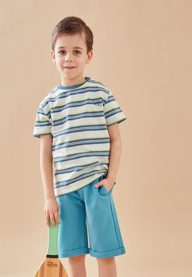 T-shirt rayé en coton BIO, aqua/bleu canard - Noukie's Vert - Kiabi