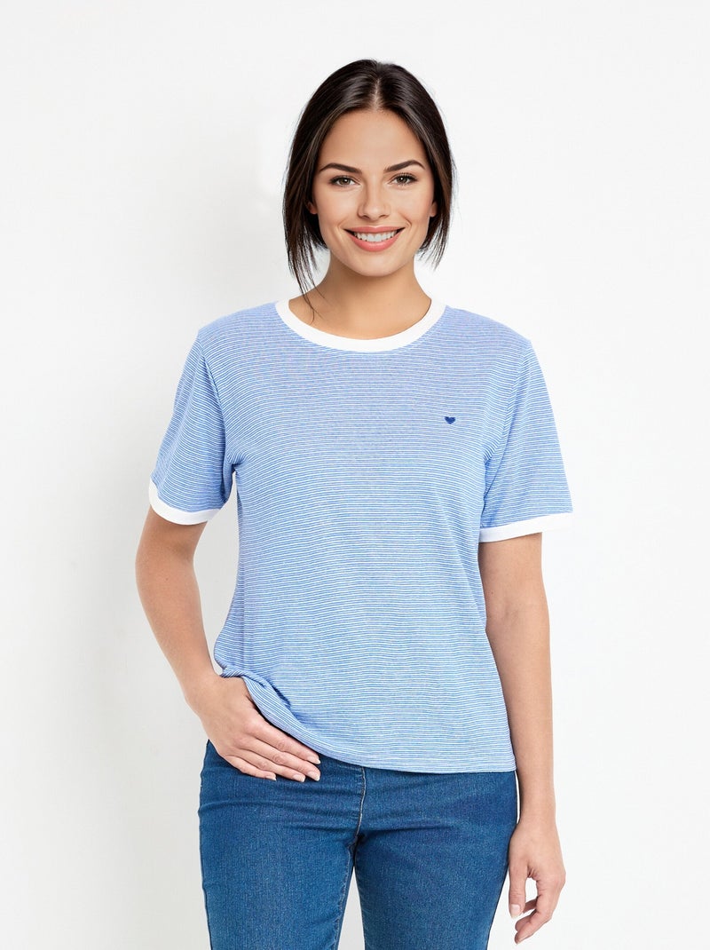 T-shirt rayé extensible col rond Bleu - Kiabi