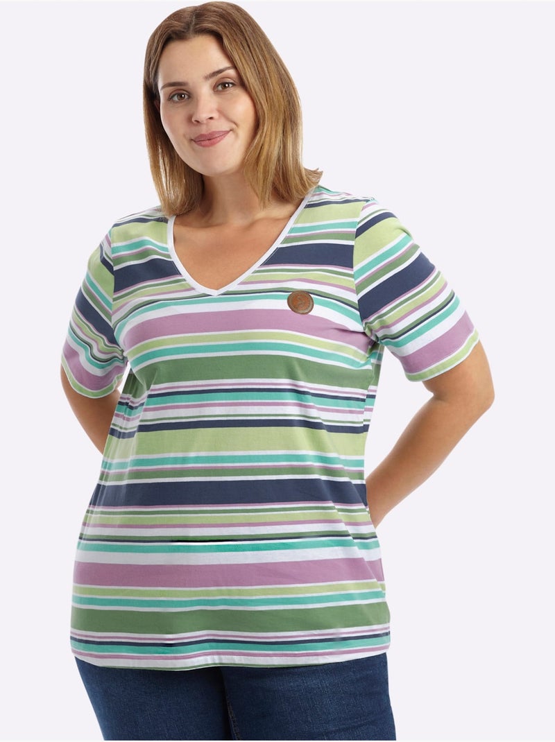 T-shirt Rayé Fils Teintés - Taille Standard - Sheego Beige/Blanc - Kiabi