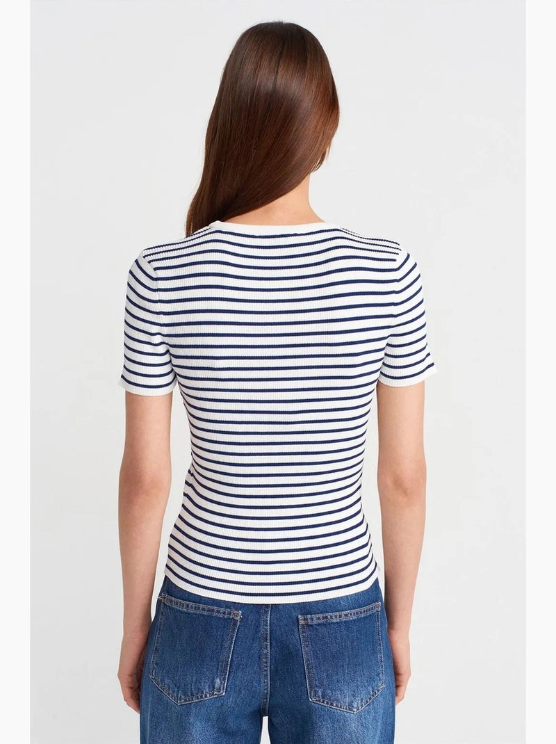 T-shirt rayé maille côtelée manches courtes dilvin Blanc Bleu - Kiabi