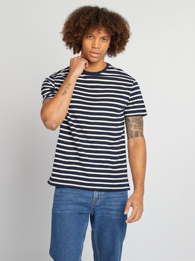 T-shirt rayé manches courtes col rond BLEU - Kiabi