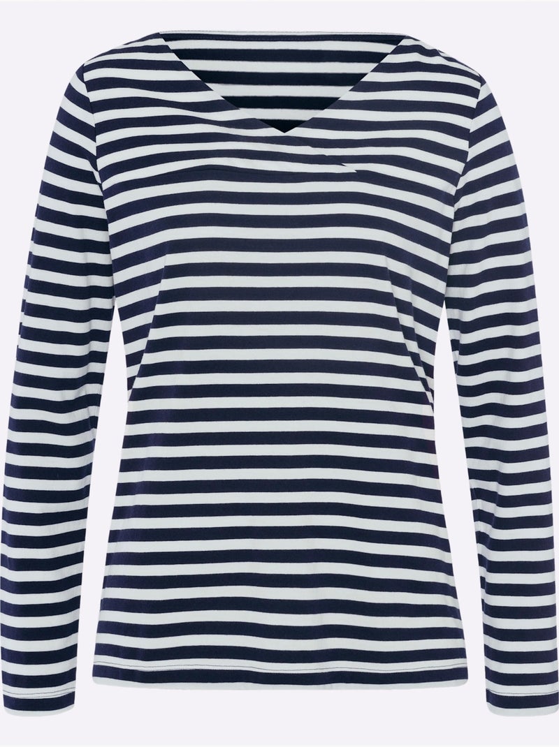 T-shirt Rayé Mélange De Modal Doux - Taille Standard - Helline Ecru/Marine - Kiabi