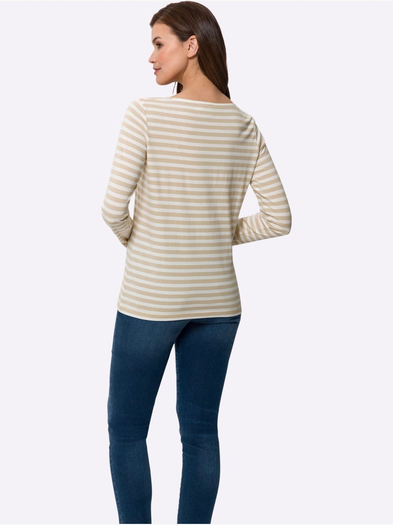 T-shirt Rayé Mélange De Modal Doux - Taille Standard - Helline Ecru/Sable - Kiabi