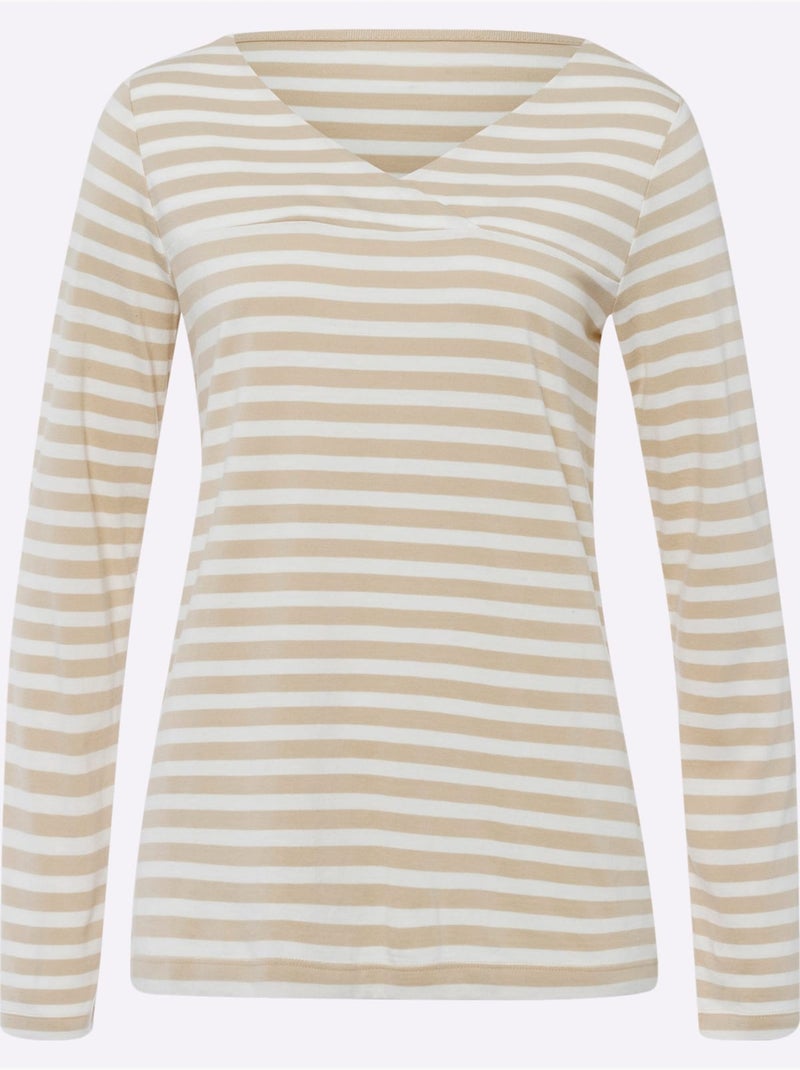 T-shirt Rayé Mélange De Modal Doux - Taille Standard - Helline Ecru/Sable - Kiabi