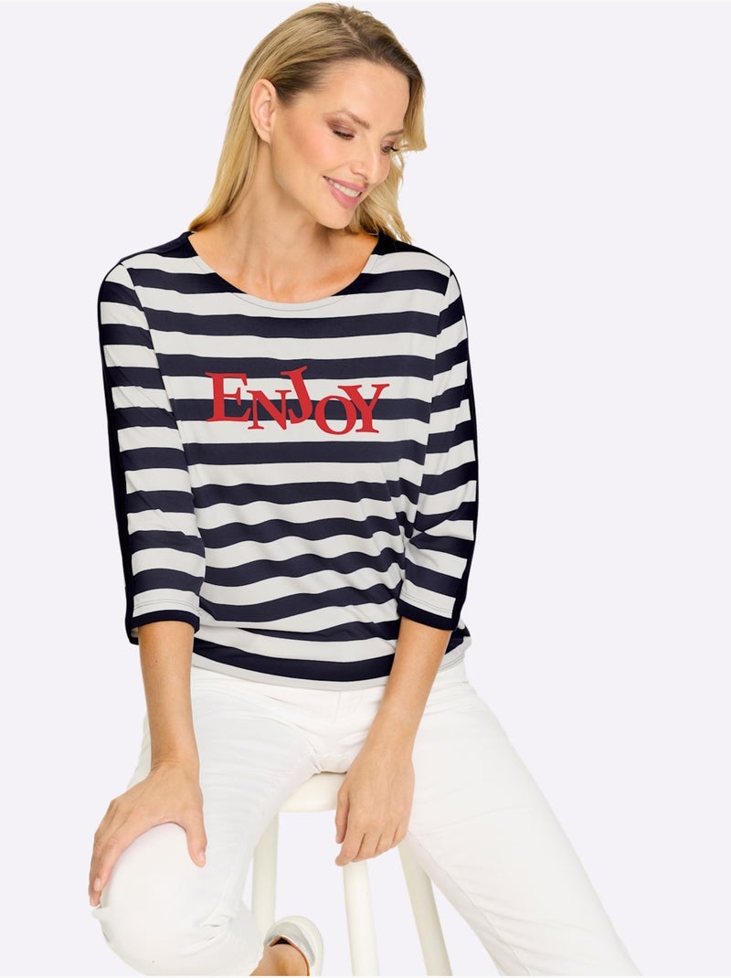 T-shirt Rayé Motif à Rayures Tendance - Taille Standard - helline Bleu Blanc - Kiabi