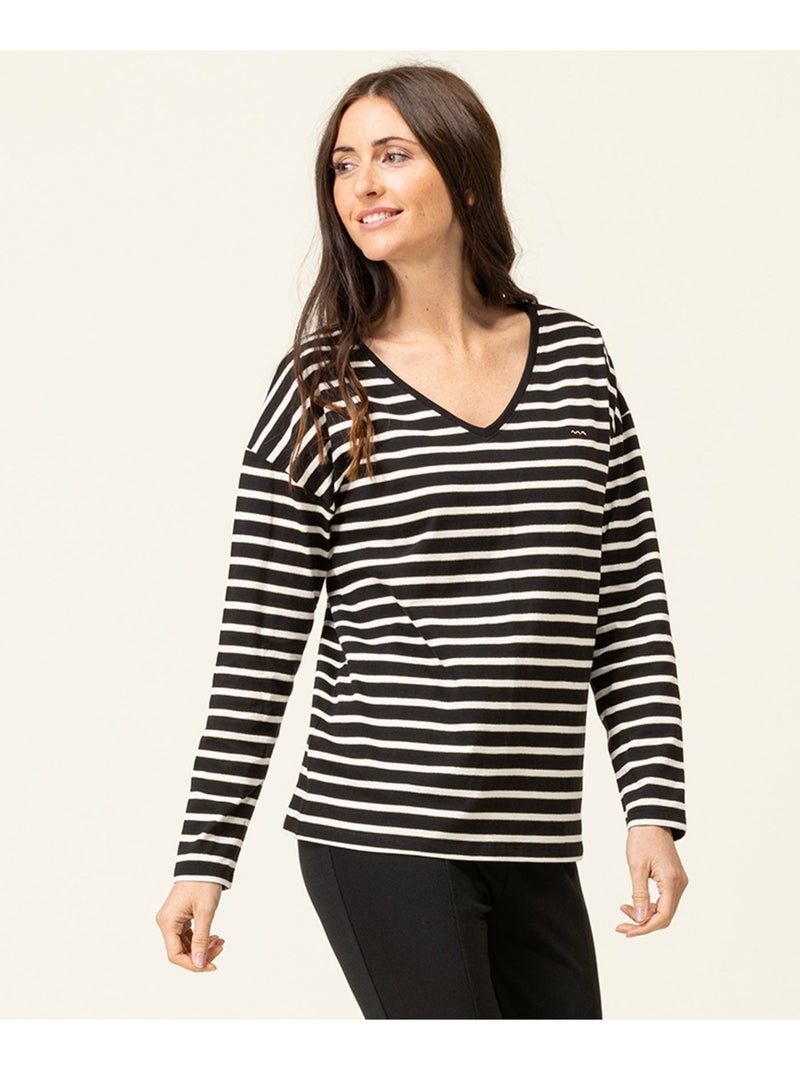 T-shirt rayé noir Femme manches longues col V - Terre de Marins Noir - Kiabi