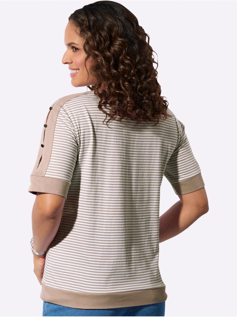 T-shirt Rayé Passepoil Contrasté - Taille Standard - Witt Blanc Ecru - Kiabi