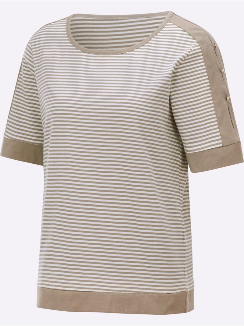 T-shirt Rayé Passepoil Contrasté - Taille Standard - Witt Blanc Ecru - Kiabi