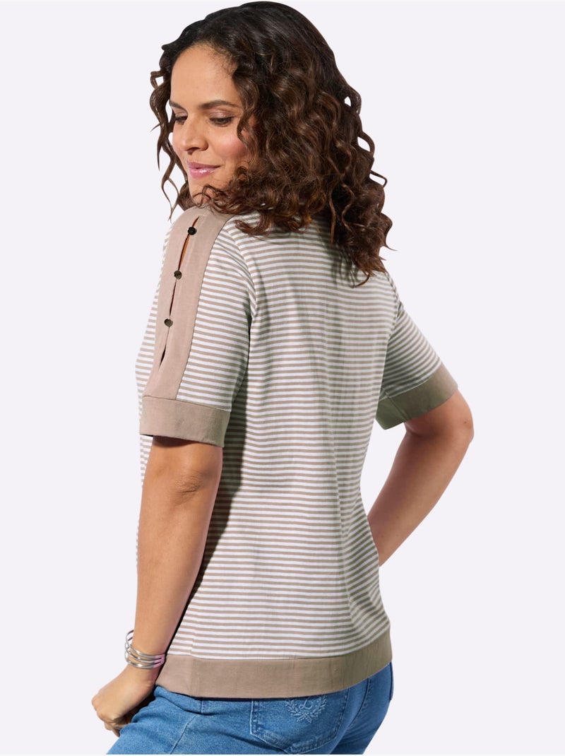 T-shirt Rayé Passepoil Contrasté - Taille Standard - Witt Blanc Ecru - Kiabi