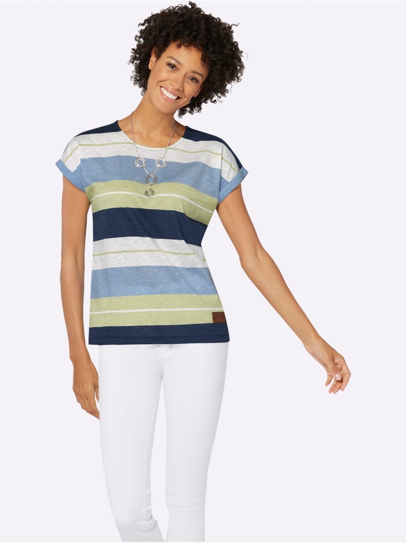 T-shirt Rayé Pur Coton - Taille Standard - Witt Bleu Vert - Kiabi