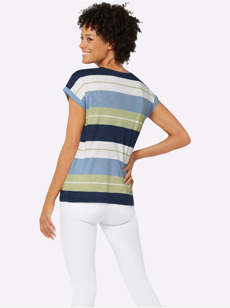 T-shirt Rayé Pur Coton - Taille Standard - Witt Bleu Vert - Kiabi