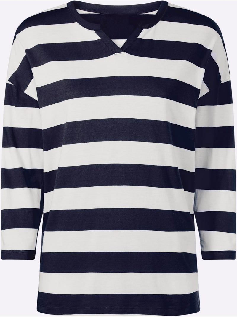 T-shirt Rayé Rayures En Fils Teintés - Taille Standard - Helline Blanc/Marine - Kiabi