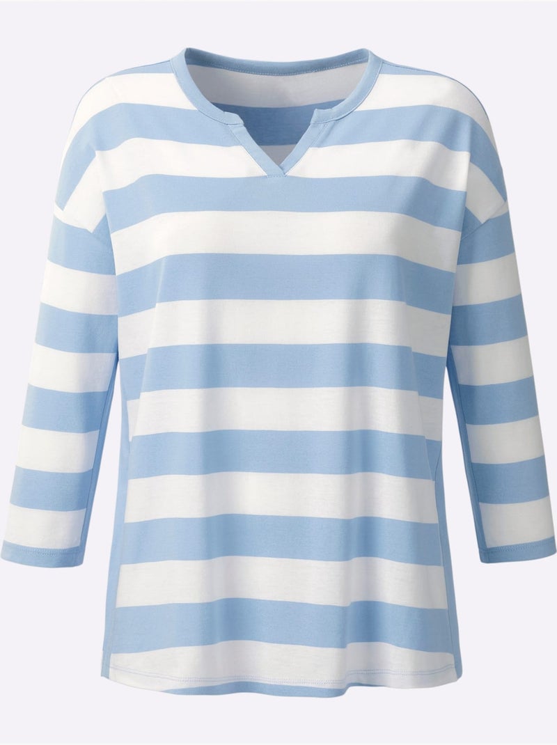 T-shirt Rayé Rayures En Fils Teintés - Taille Standard - Helline Bleu Blanc - Kiabi