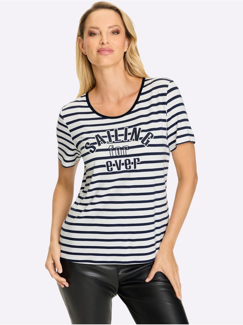 T-shirt Rayé Rayures Marines - Taille Standard - Helline Blanc Bleu marine - Kiabi