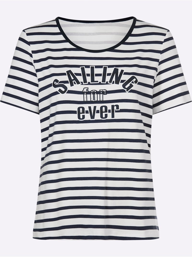 T-shirt Rayé Rayures Marines - Taille Standard - Helline Blanc Bleu marine - Kiabi