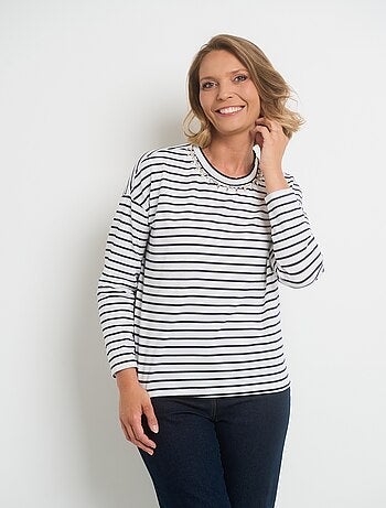T-shirt rayures avec encolure strass