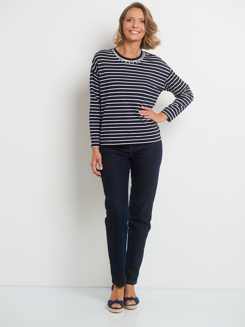 T-shirt rayures avec encolure strass Bleu marine - Kiabi