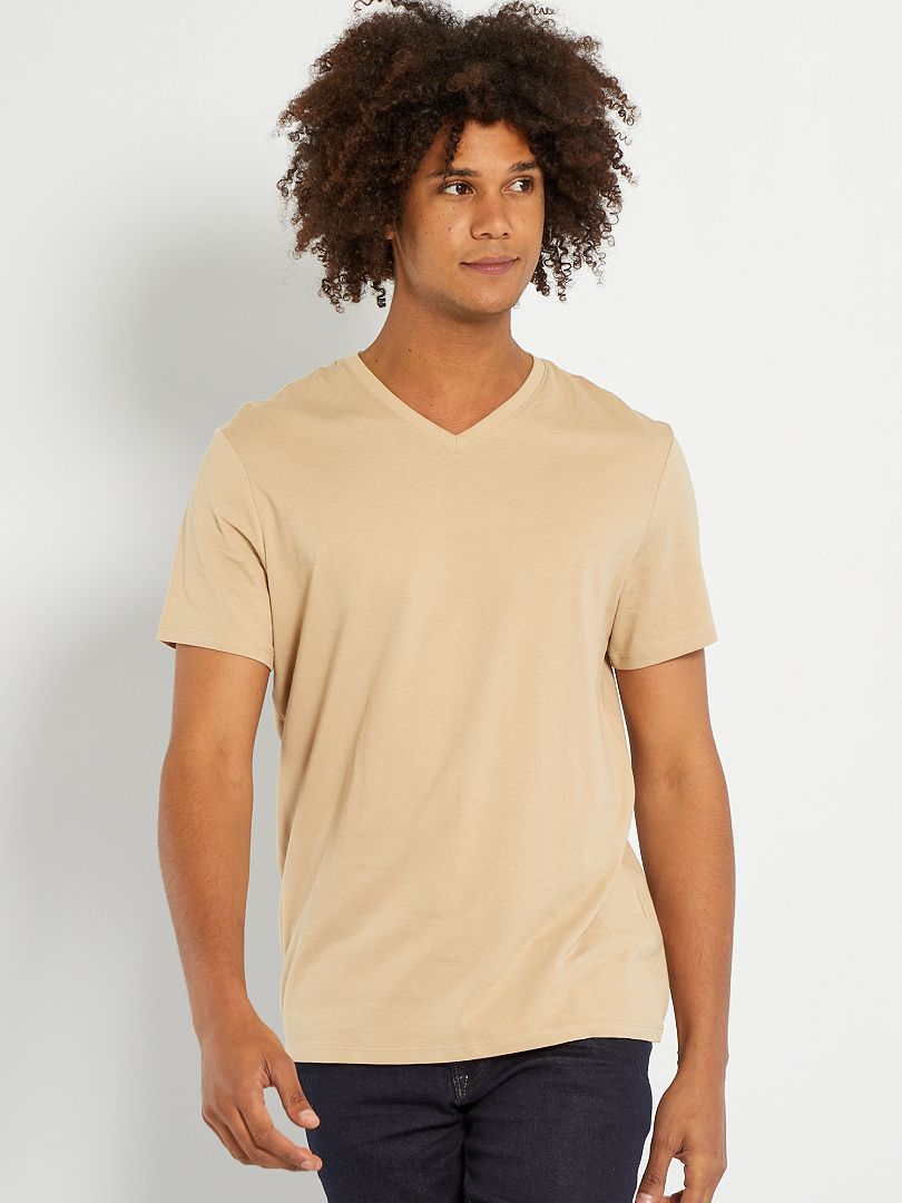 T-shirt regular col V en coton - beige - Kiabi - 3.00€