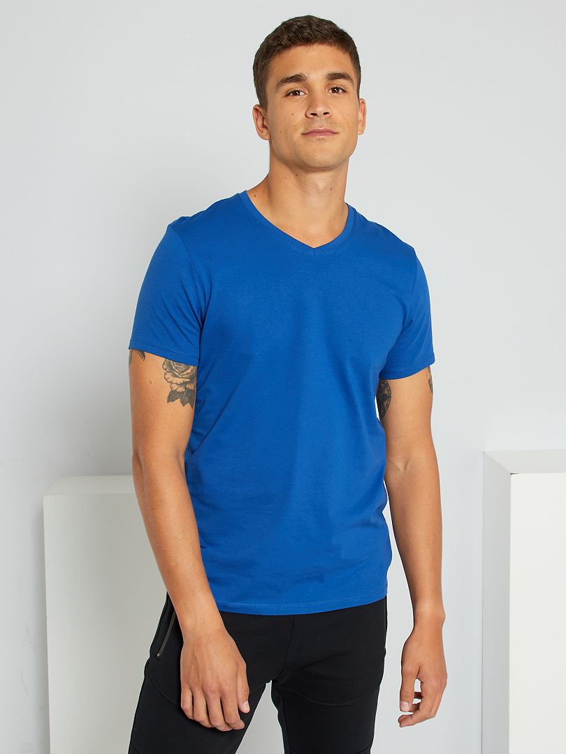 T-shirt regular col V en coton bleu - Kiabi