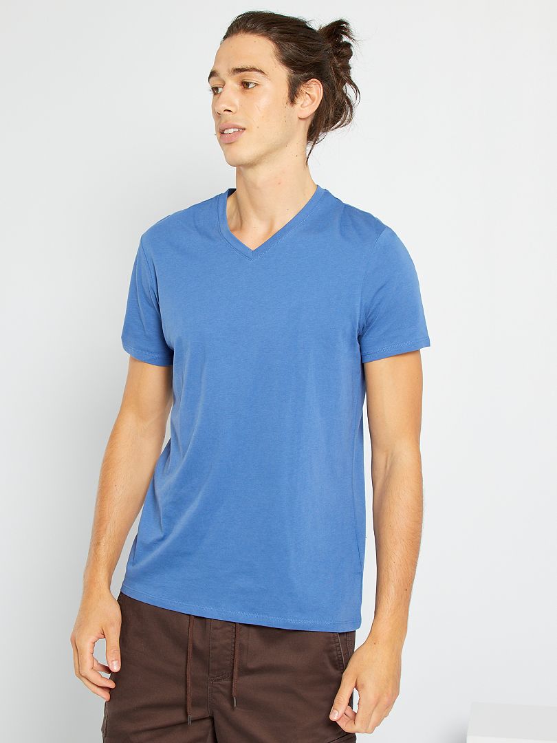 T-shirt regular col V en coton bleu - Kiabi