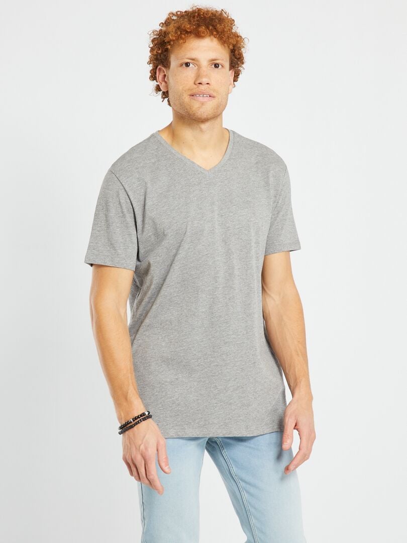 T-shirt regular col V en coton Gris clair chiné - Kiabi