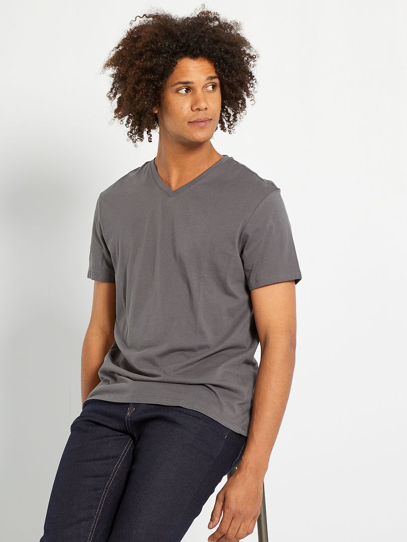 T-shirt regular col V en coton Gris foncé - Kiabi
