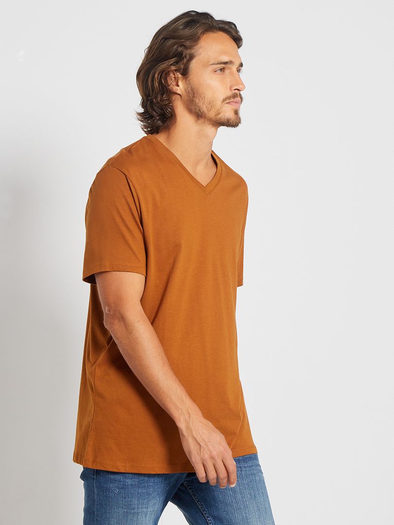T-shirt regular col V en coton Orange foncé - Kiabi