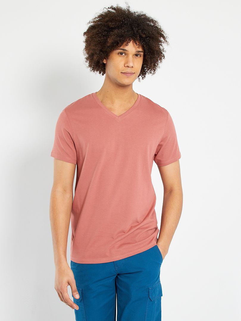 T-shirt regular col V en coton rose - Kiabi