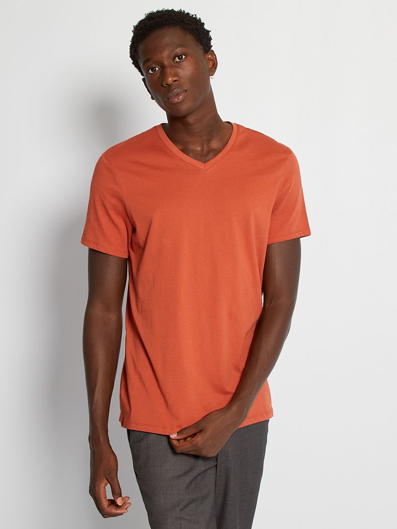 T-shirt regular col V en coton rouge brique - Kiabi