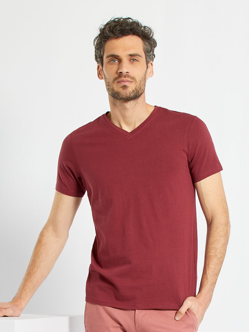 T-shirt regular col V en coton Rouge - Kiabi