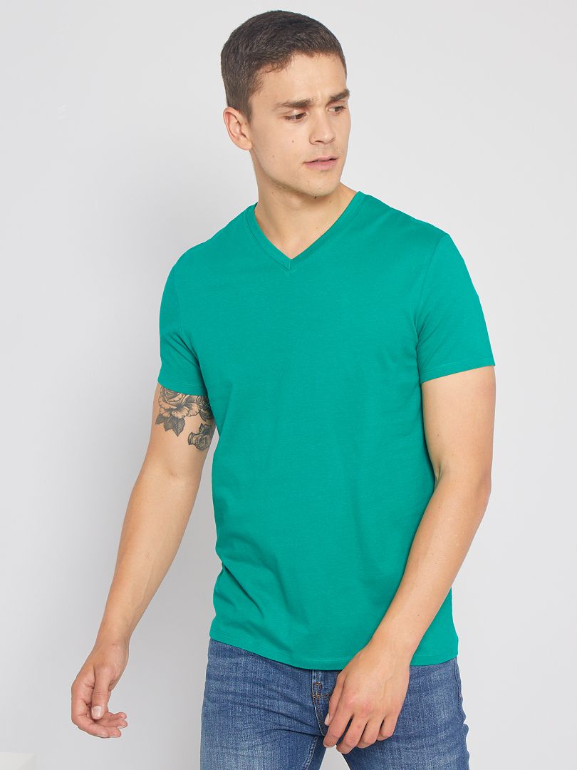 T-shirt regular col V en coton vert - Kiabi