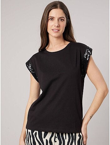 T-shirt regular femme en 100% coton détails sequins 'Deeluxe'