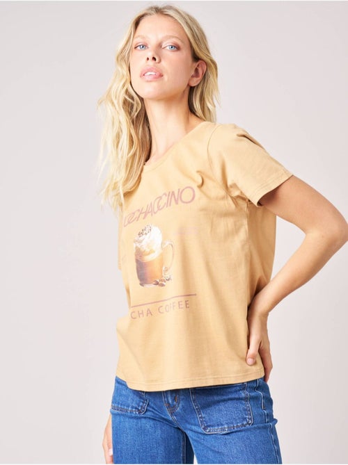 T-shirt regular femme en 100% coton imprimé café 'deeluxe' - Kiabi