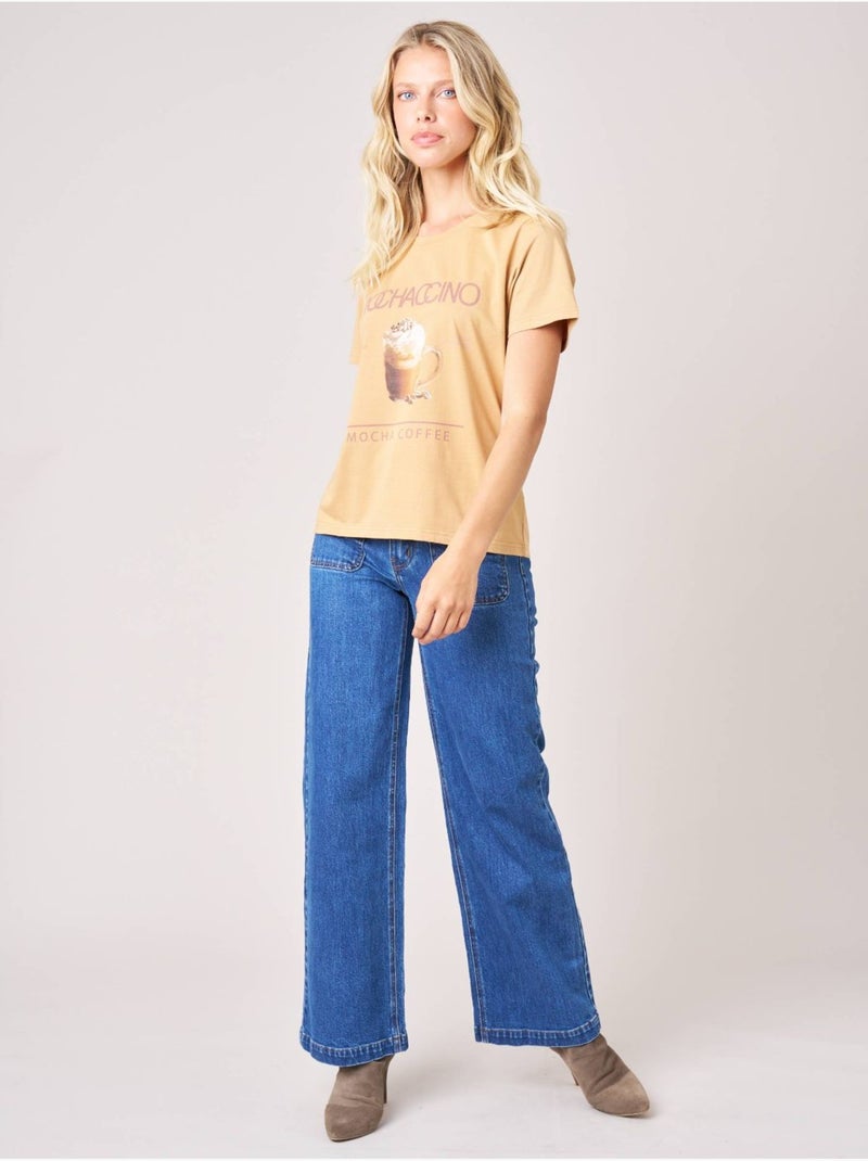T-shirt regular femme en 100% coton imprimé café 'deeluxe' Beige - Kiabi