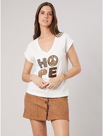 T-shirt regular femme en 100% coton jersey imprimé "hope" orné de perles 'deeluxe'