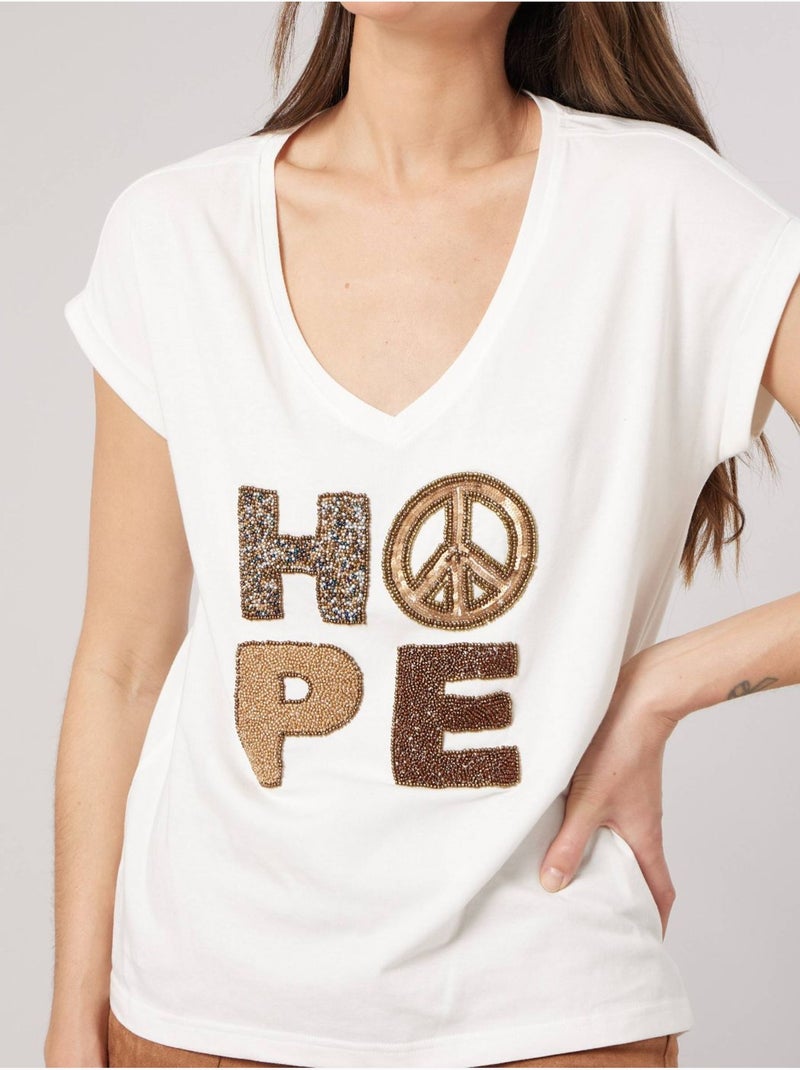 T-shirt regular femme en 100% coton jersey imprimé "hope" orné de perles 'deeluxe' Blanc cassé - Kiabi