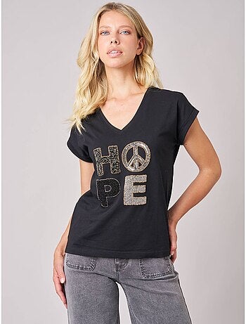 T-shirt regular femme en 100% coton jersey imprimé "HOPE" orné de perles 'Deeluxe'
