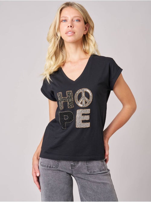 T-shirt regular femme en 100% coton jersey imprimé "HOPE" orné de perles 'Deeluxe' - Kiabi
